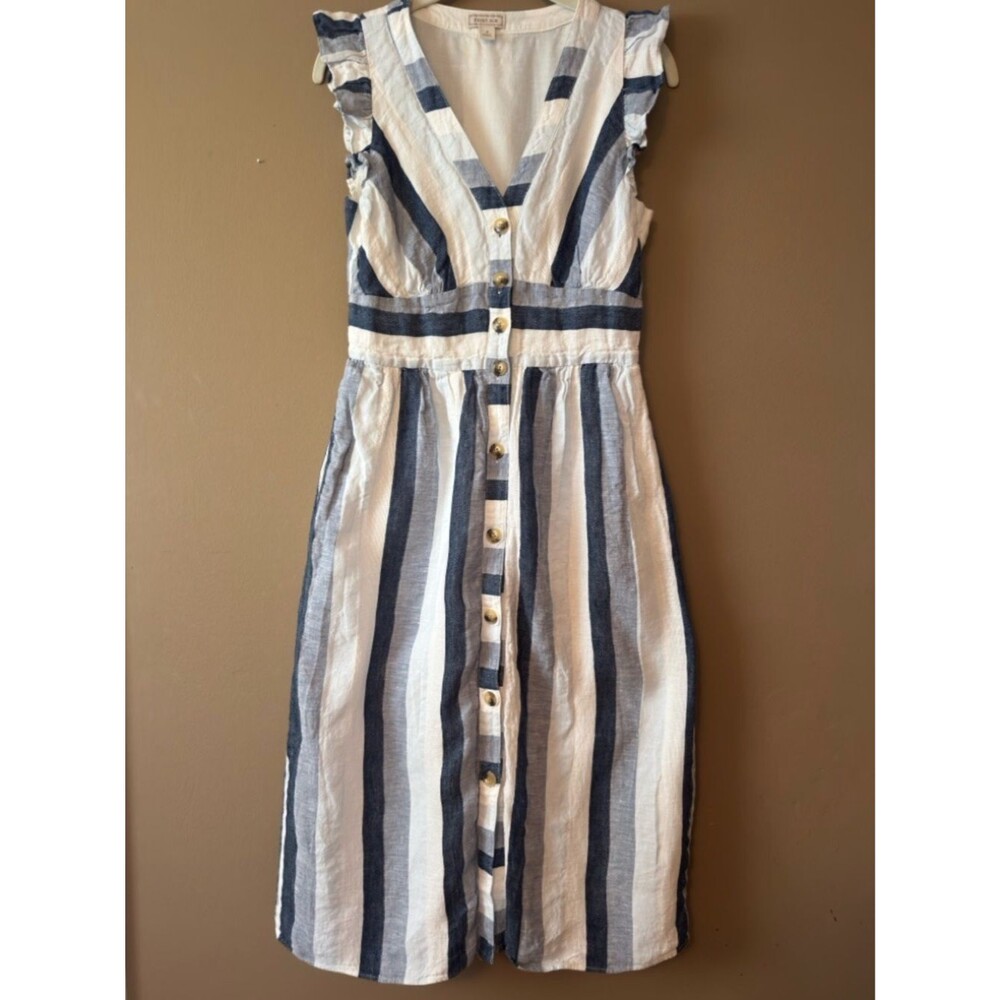 J. Crew Point Sur Linen Striped Summer Dress Navy White Beach Coastal Size 4